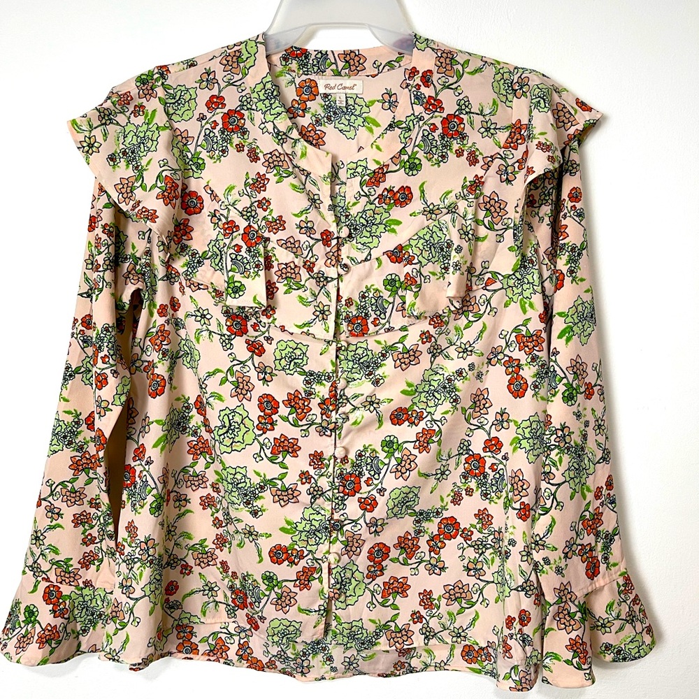Red Camel long Sleeves Ruffle Button Front Blouse Top Size L